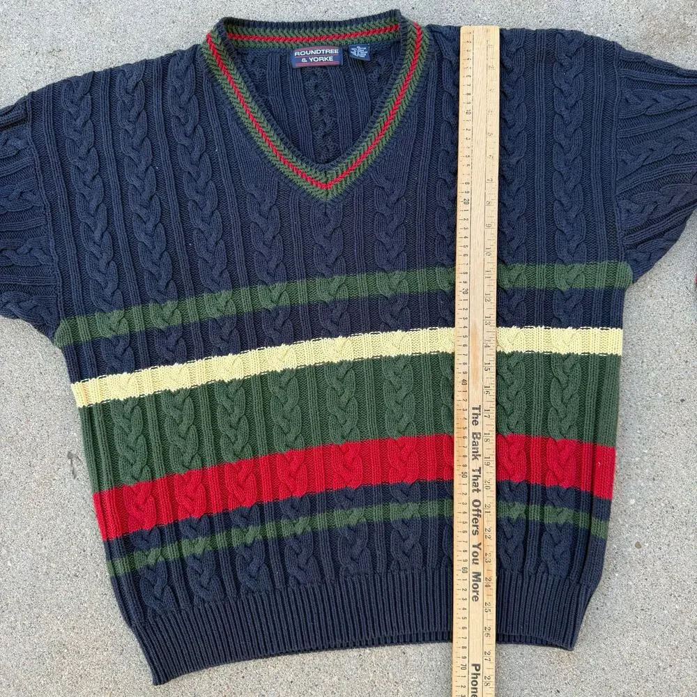 Vintage 90s Roundtree and York Dark Primary Color Stripe Fisherman Sweater XL